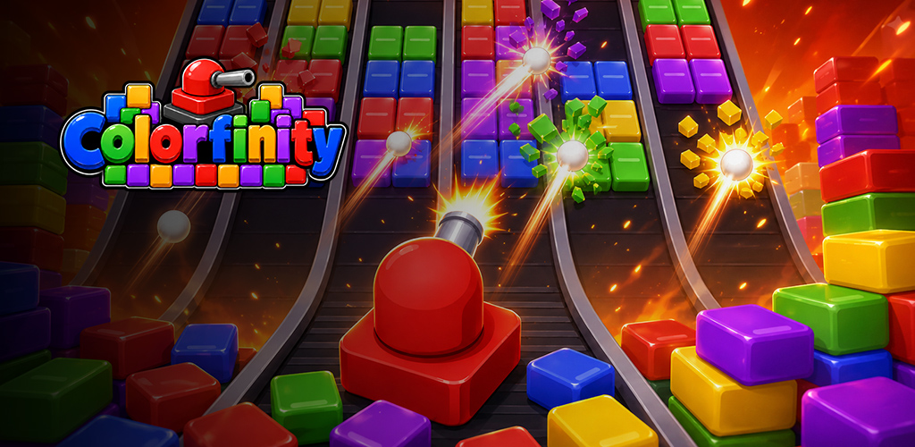 Colorfinity turrets firing at colorful blocks moving along conveyor lanes